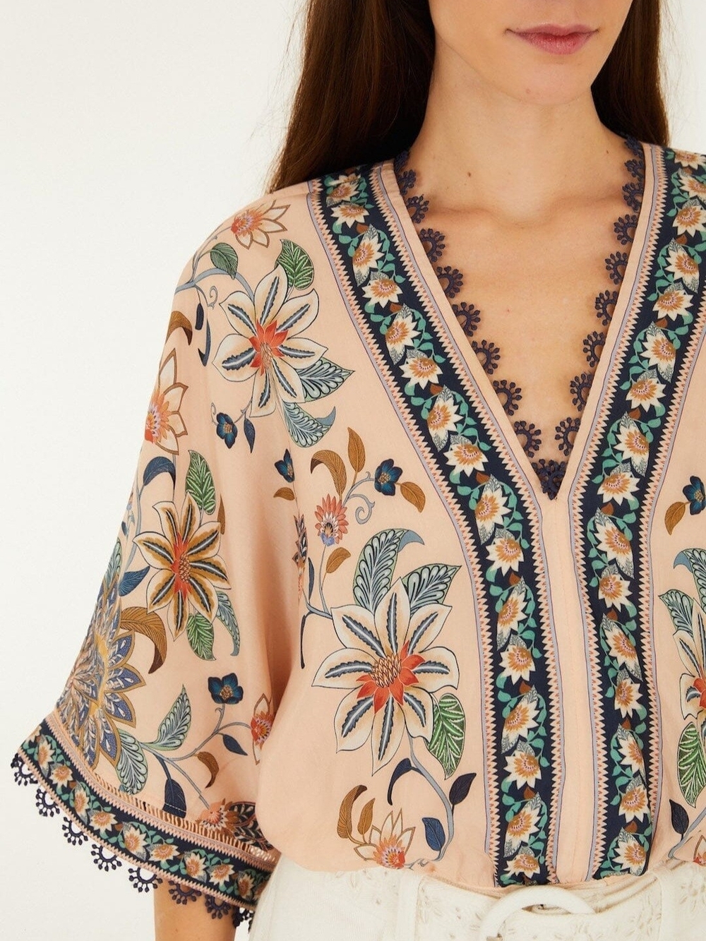 FARM Rio Peach Floral Embroidered V-Neck Bodysuit